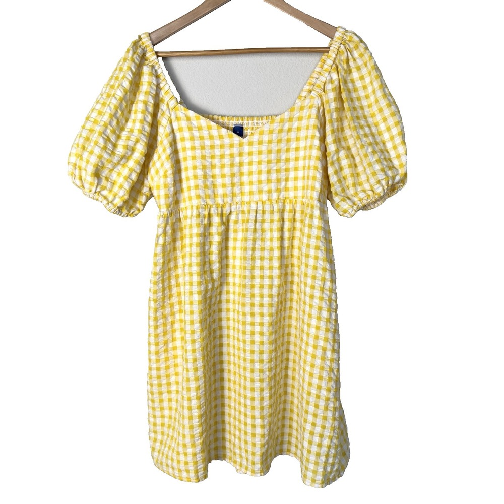 Butter Yellow Gingham Puff Sleeve Mini Dress Womens Medium Cottagecore Feminine